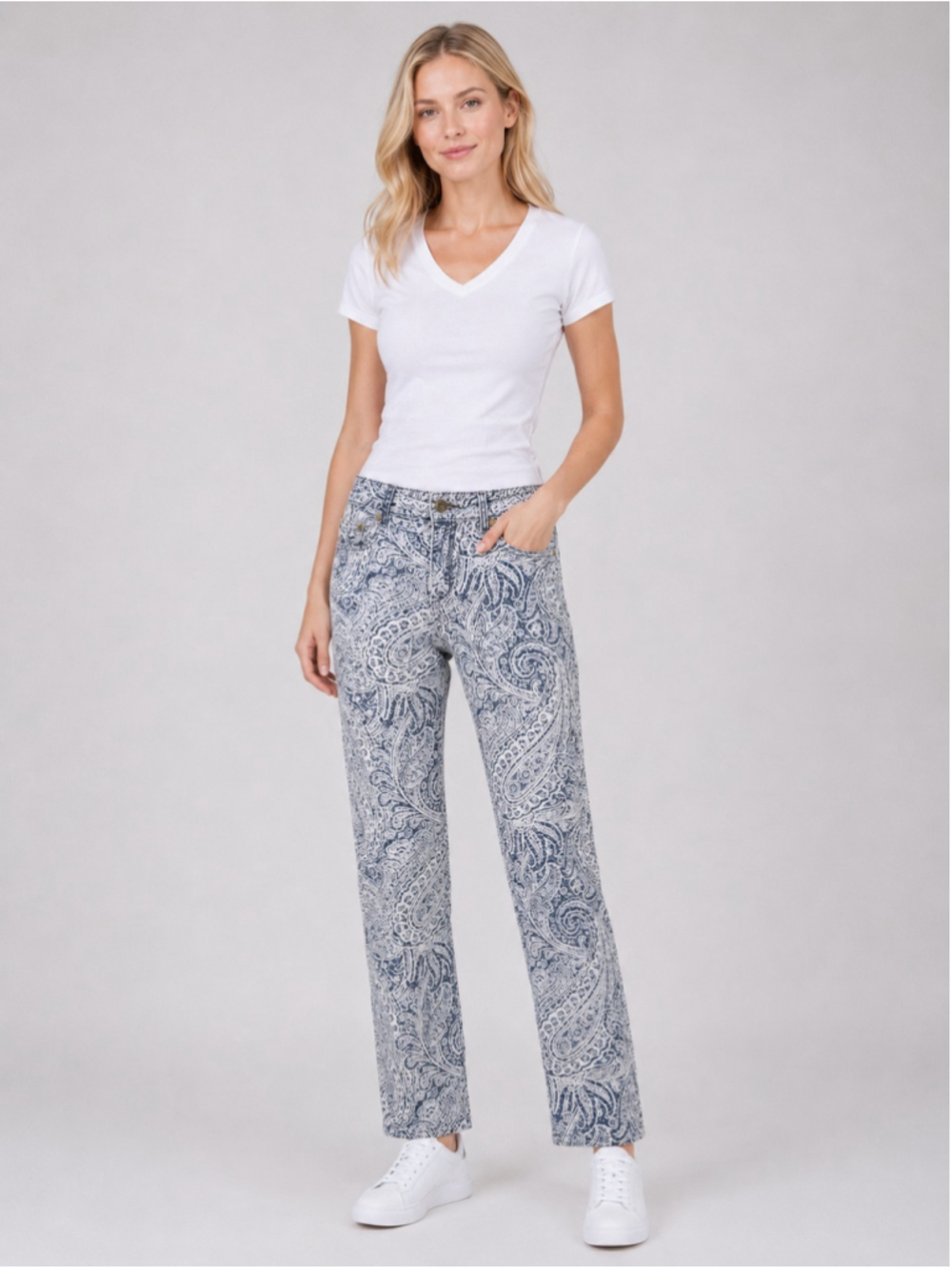 J. McLaughlin Lexi Jeans Blue White Paisley Print Straight Leg Mid Rise Size 8
